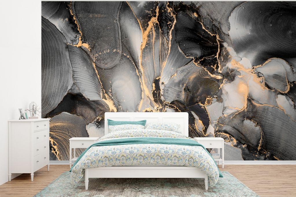 MuchoWow Fototapete für Wohnzimmer oder Schlafzimmer Wandtapete Vinyl Motivtapete Grau - Luxus - Gold - Marmor - 320x240 cm - Tapeten