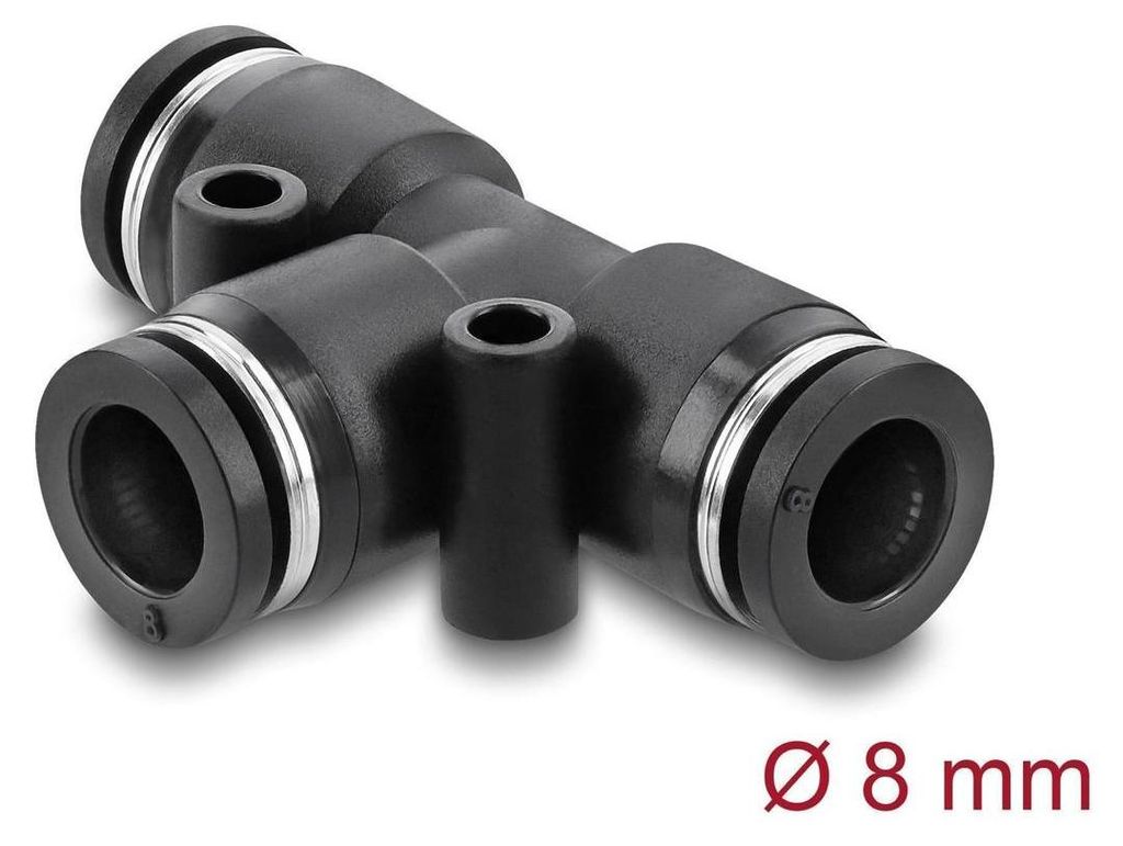 DeLOCK Pneumatik Steckverbinder 8 mm mit zwei Befestigungslöchern T-Form, Schwarz, Metall, Kunststoff, Weibliches Gewinde, 1 Stück(e), 8 mm, 10 bar