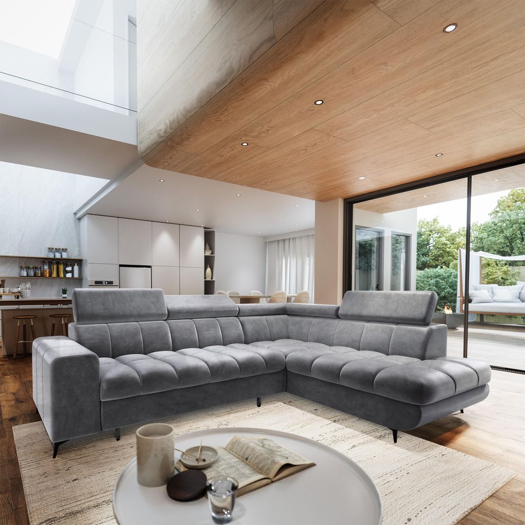 Masseno Ecksofa MORIVA R-S mit Schlaffunktion L-Form, Sofa mit Bettkasten, Wohnzimmersofa, Couch, Soffa, Bettsofa, Couchgarnitur- Hellgrau, MONOLIT...