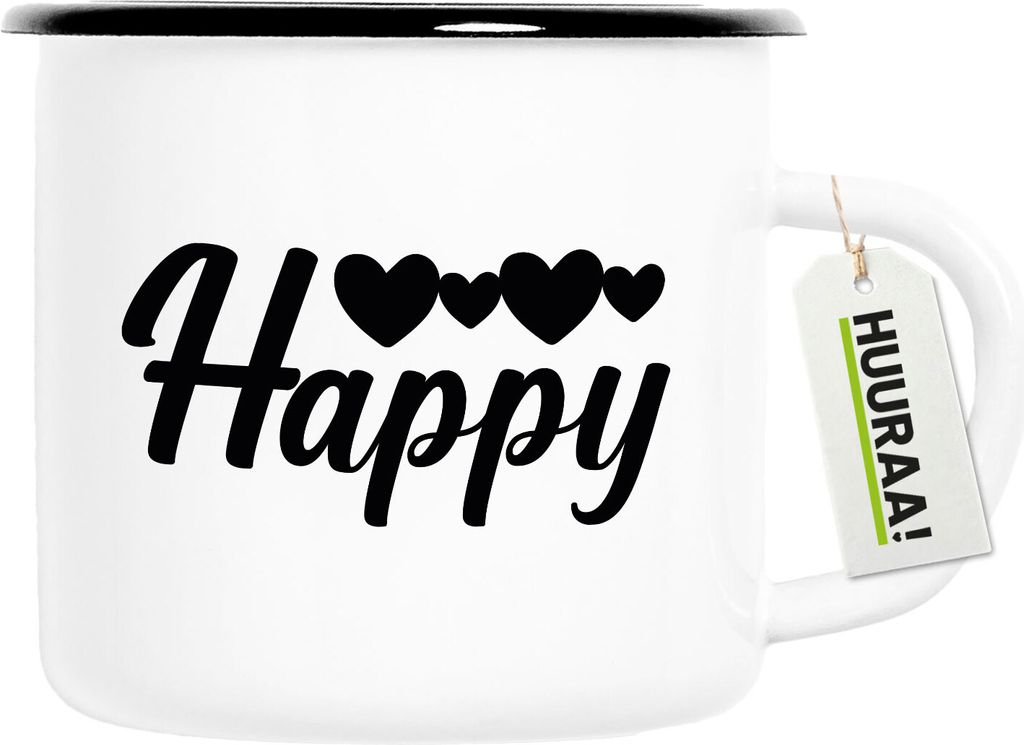 Huuraa Emaille Tasse Happy Herzen 300ml Vintage Campingbecher Geschenkidee
