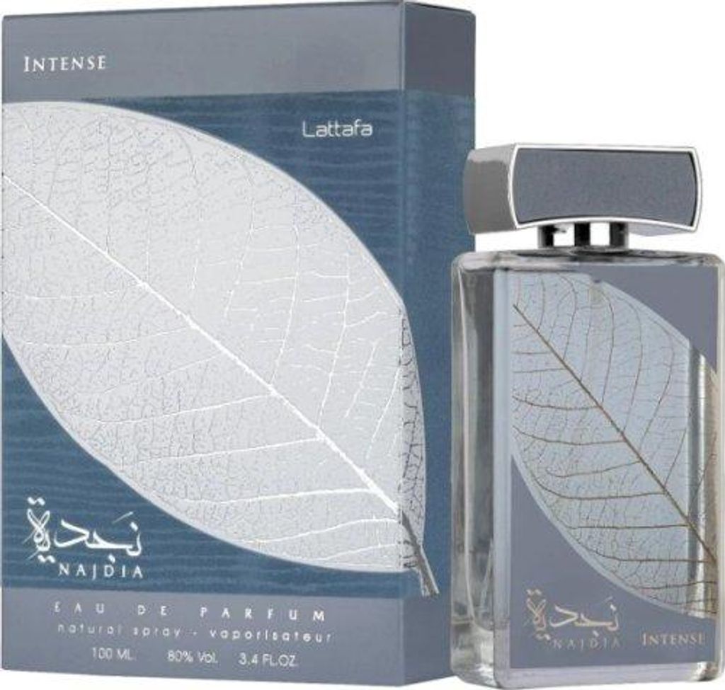 A perfume bottle and its packaging are displayed against a light gray background.