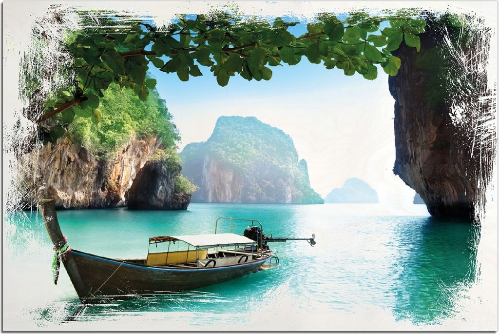 Kunstdrucke Wandbilder Holz in : Brillante Farben, Größe 60 x 90 cm Motiv Fischerboot in Thailand blaues Meer und Steinfelsen