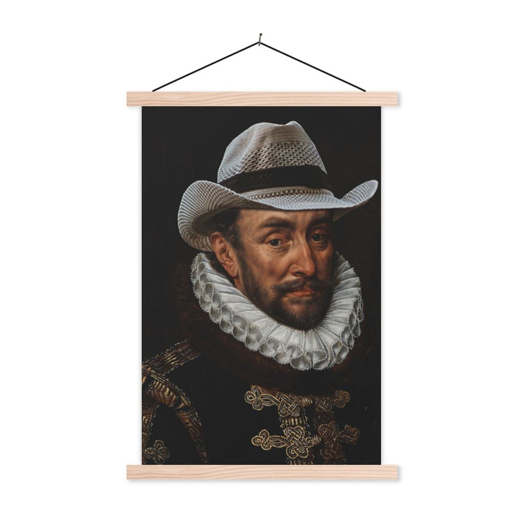 MuchoWow Textilposter Wilhelm von Oranien - Adriaen Thomasz - Cowboyhut 120x180 cm mit holzfarbenen Rahmen - Textil-Plakat