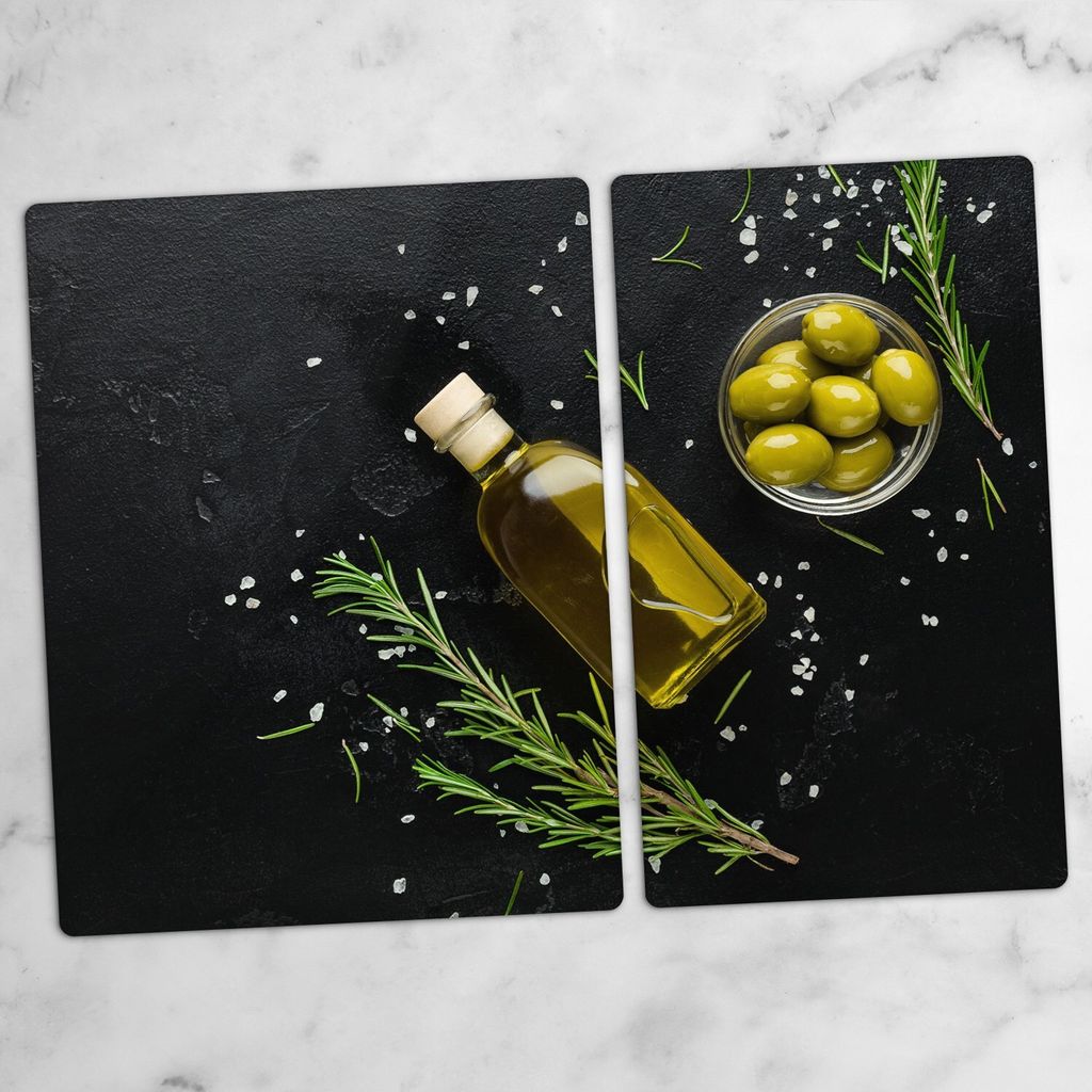 Glas-Herdabdeckplatten Glaskeramikkochfeld-Abdeckung Spritzschutz Schneidebrett Zweiteilige Glas 70x52 cm Oliven