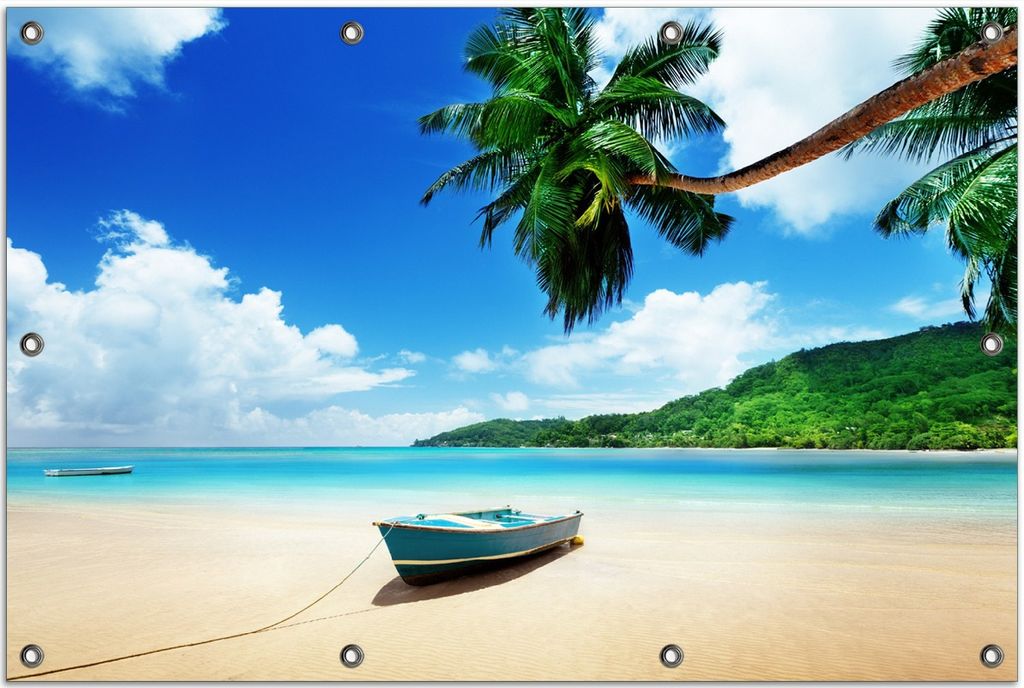 Wallario Outdoor-Poster für Garten oder Balkon, Motiv Urlaub am Palmenstrand unter Palmen mit Fischerboot, in ca. 80 x 120 cm