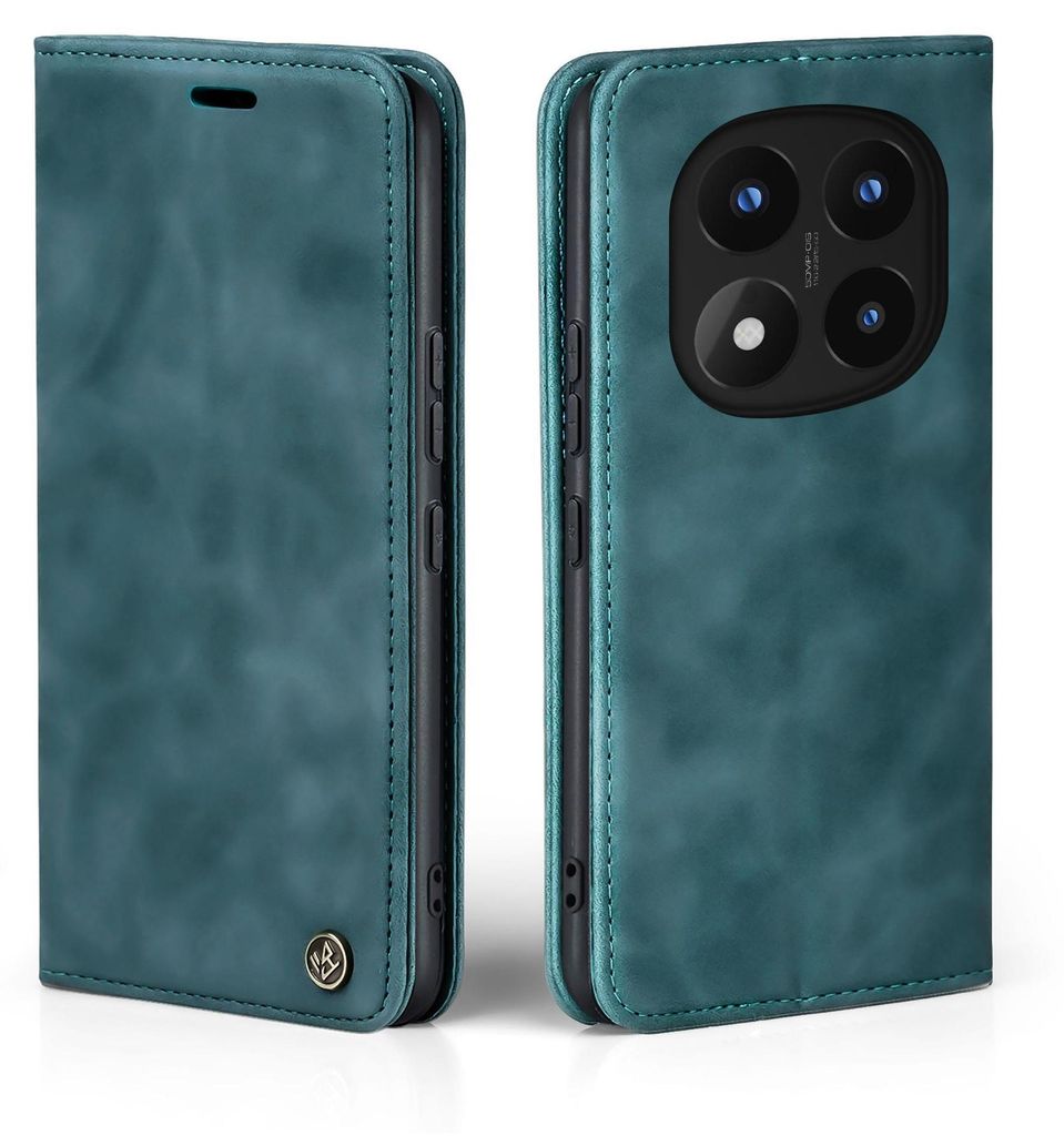 A teal flip-style phone case is shown from two angles, open and closed, against a white background.
