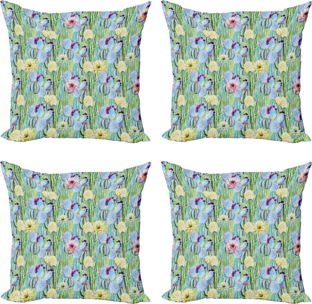 ABAKUHAUS Kaktus Kissenbezug Set (4 Stück), Cactus Knospen Typen Muster, Moderner Doppelseitiger Digitaldruck, 45 cm x 45 cm, Grün und Blau