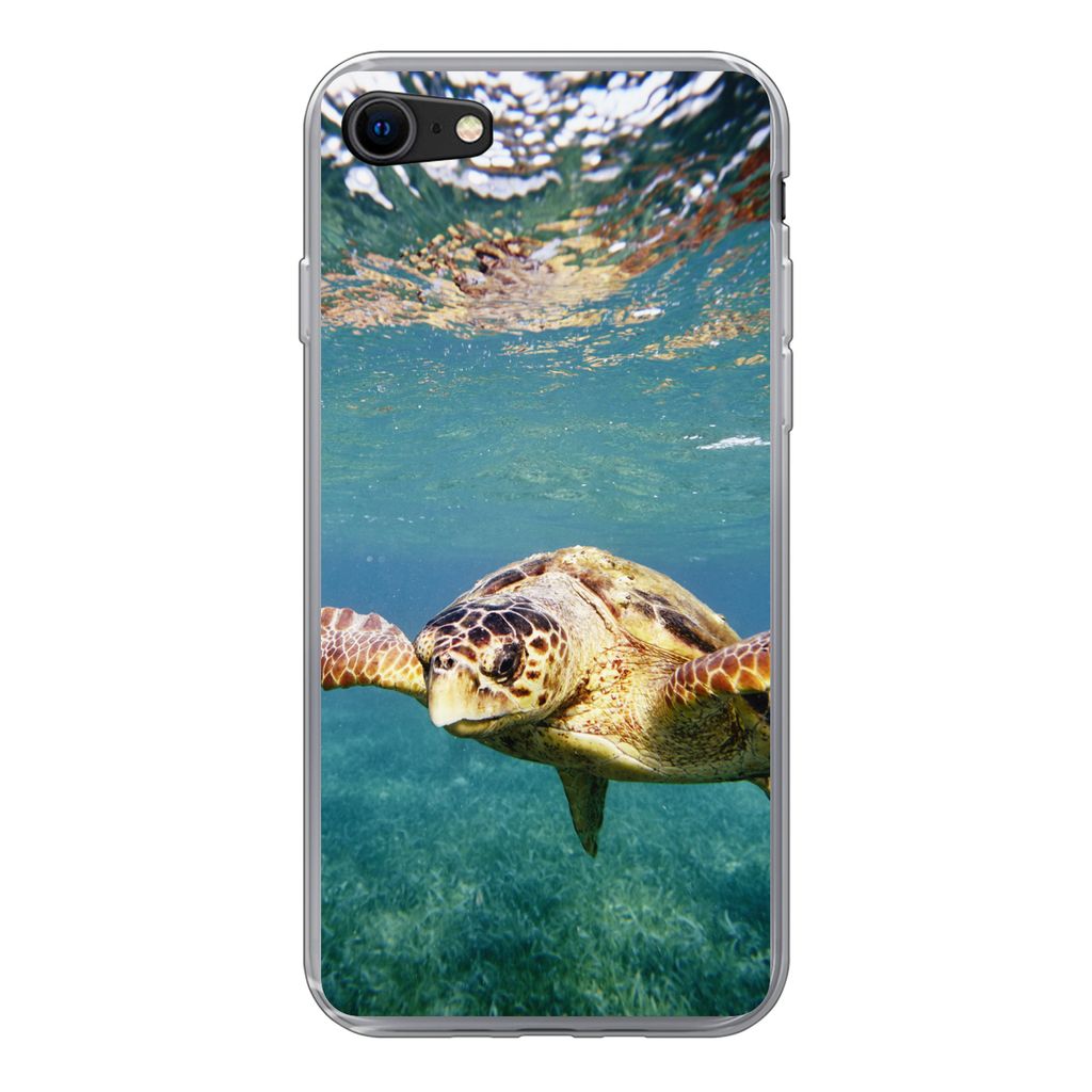 MuchoWow Handyhülle Schutzhülle Hülle für iPhone 8 Schildkröte - Wasser - Blau Silikon Softcase Handy Hülle - Schutzhaube