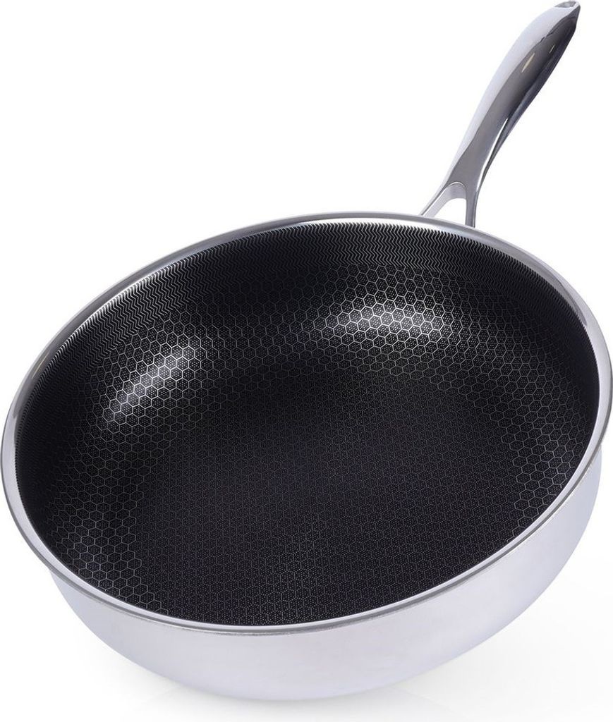 A close-up, angled view of a single stainless steel frying pan with a honeycomb pattern on its interior surface, set against a white background.