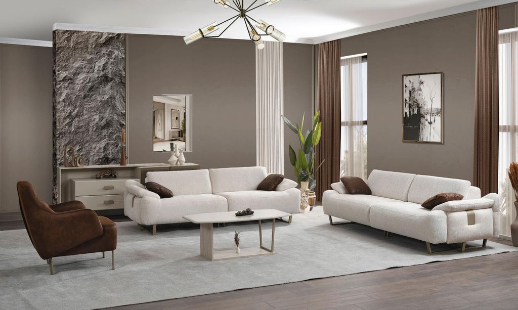 Weiße Moderne Couchgarnitur Stoffsofa Designer Sessel Polster Möbel 3tlg