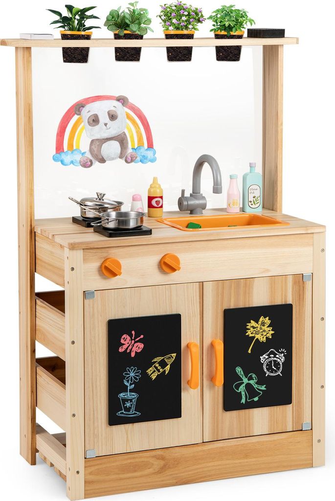 GOPLUS Matschküche Kinder, Spielküche Outdoor mit Pflanzentöpfen, Herdplatten, Abnehmbares Spülbecken, Kreidetafeln & Zubehör, Natur