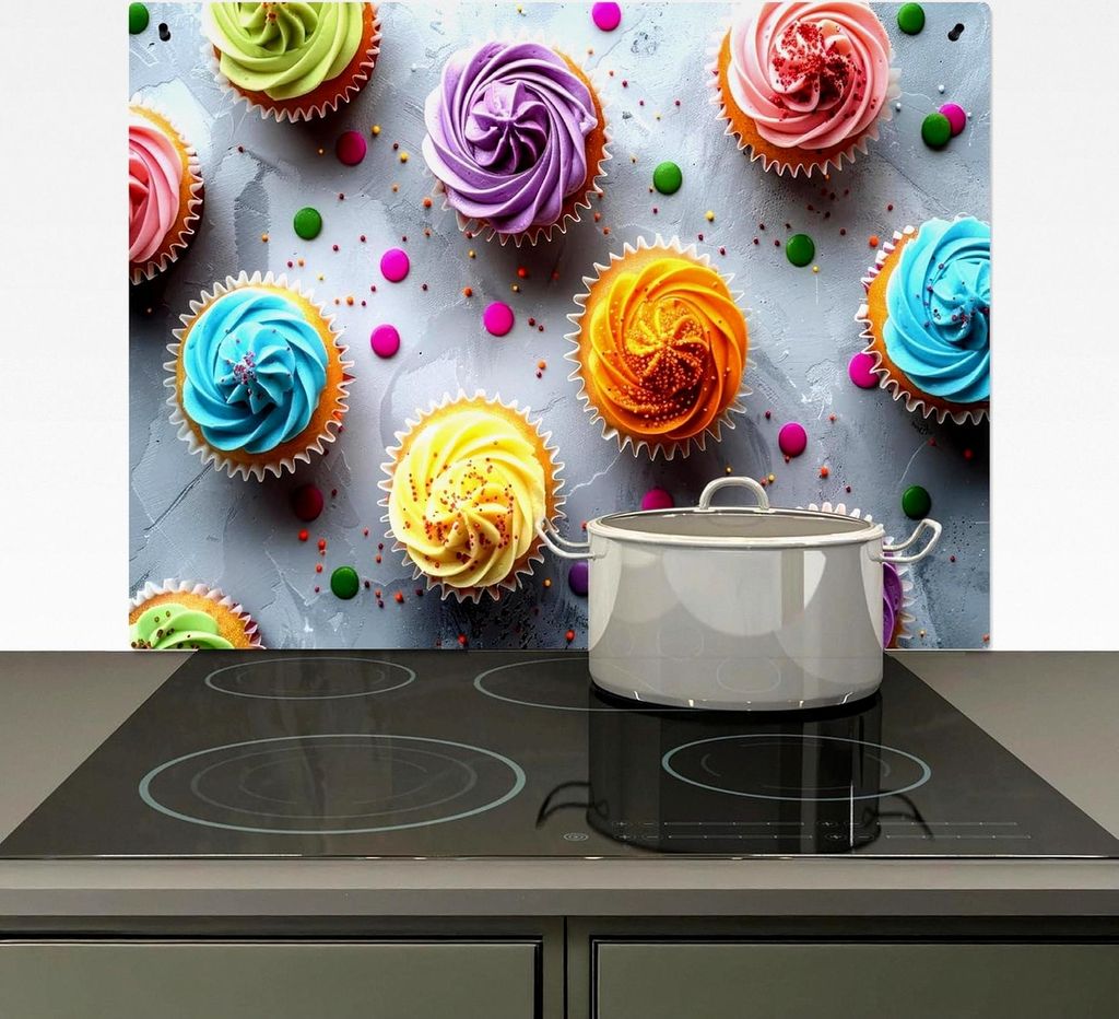 Spritzschutz für die Küche, Vinyl 80x52 cm, Wandverkleidung, Herdabdeckung mit bunten Cupcakes und Muffins