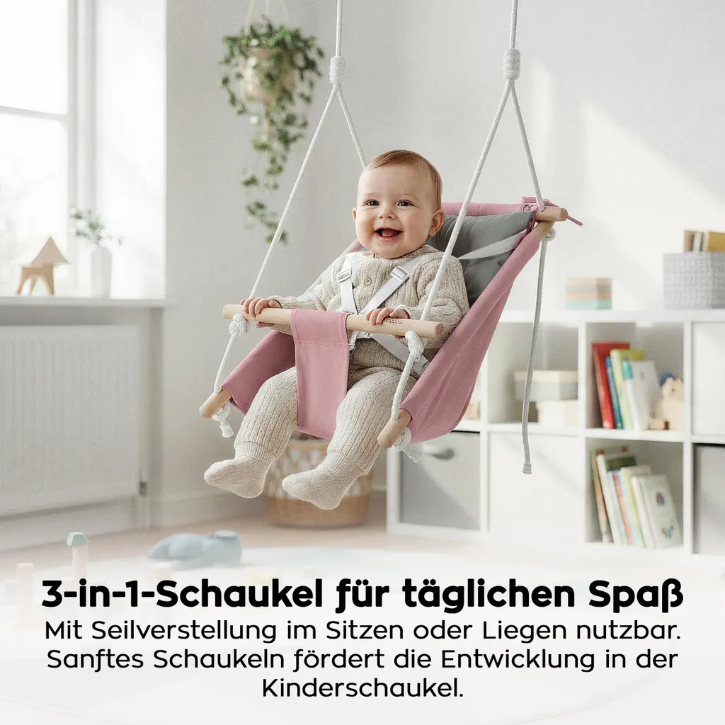 Tulano Hop 40 Altalena Neonato 3in1 in Legno | Fino a 60kg | Rosa-Grigio - 13
