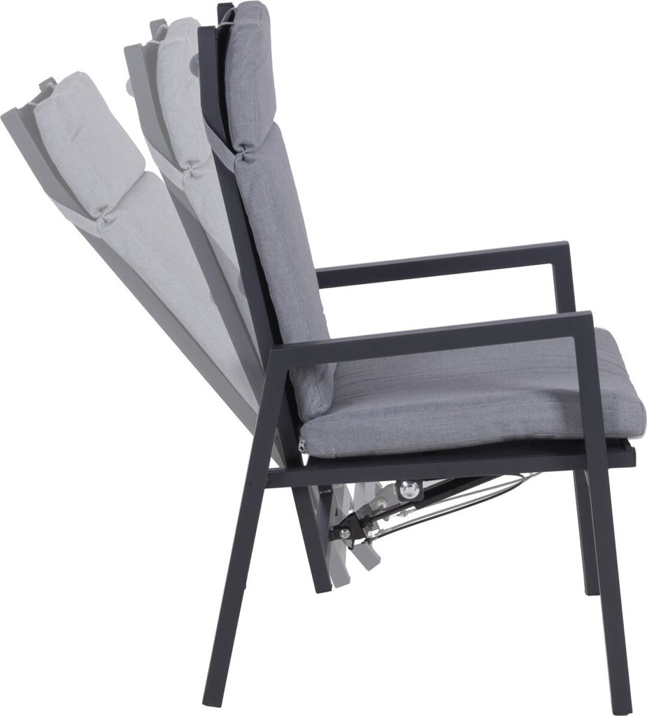 A gray lounge chair with adjustable back support against a white background.