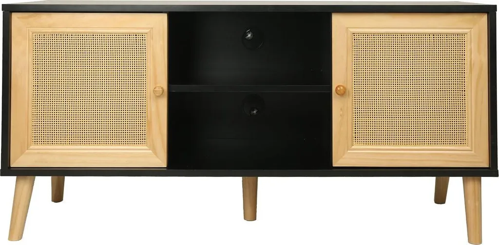 Meuble TV noir 120 cm avec portes en cannage véritable - Iguane
