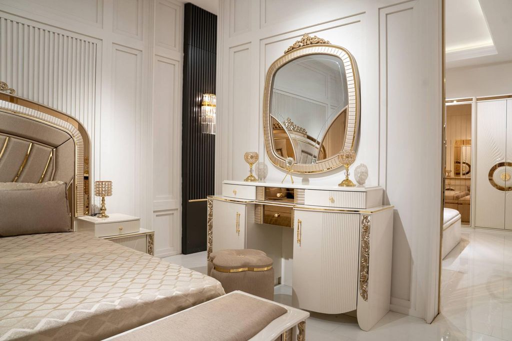 Eleganter Beigefarbener Holz-Schminktisch mit Pouffe für Schlafzimmer