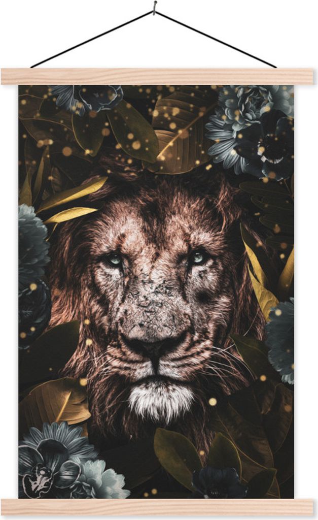 MuchoWow Textilposter Löwe - Blumen - Gold 60x90 cm mit holzfarbenen Rahmen - Textil