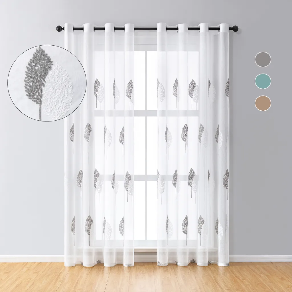 Rideau semi-transparent brodé aspect lin lot de 4 panneaux 140x225 cm