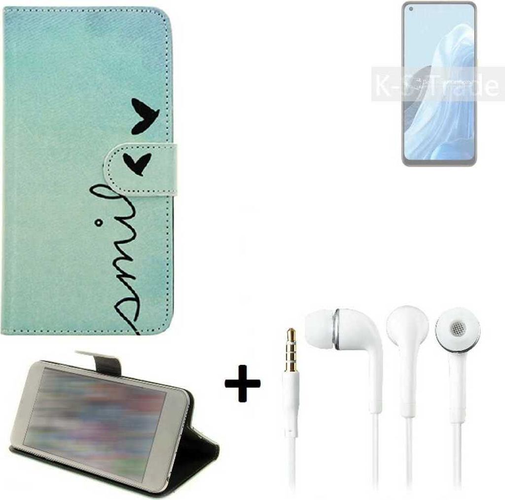 K-S-Trade Schutz Hülle Handy Hülle kompatibel mit Oppo Reno7 4G 360° Wallet Case Schutz Hülle ''smile'' inkl. Ohrstöpsel Smartphone cover