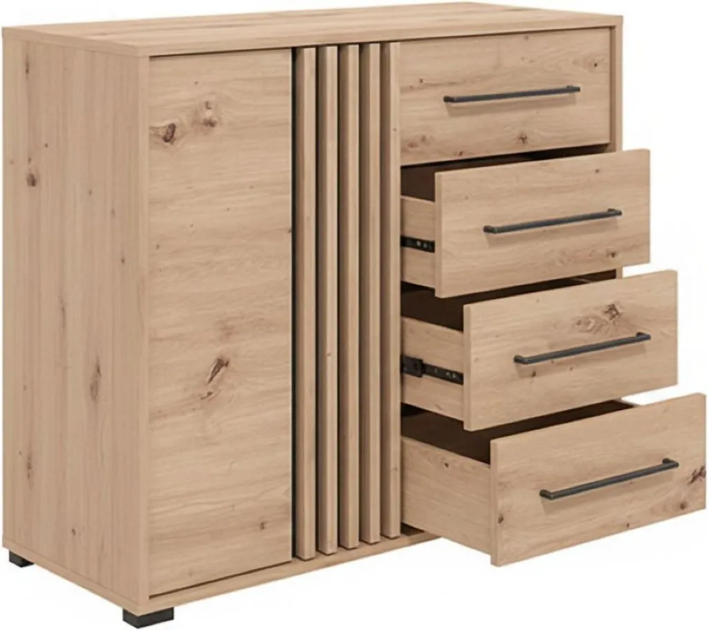 Gagnez de la place avec le Buffet Boscone 4 Tiroirs Chêne Nœuds 93x40 cm