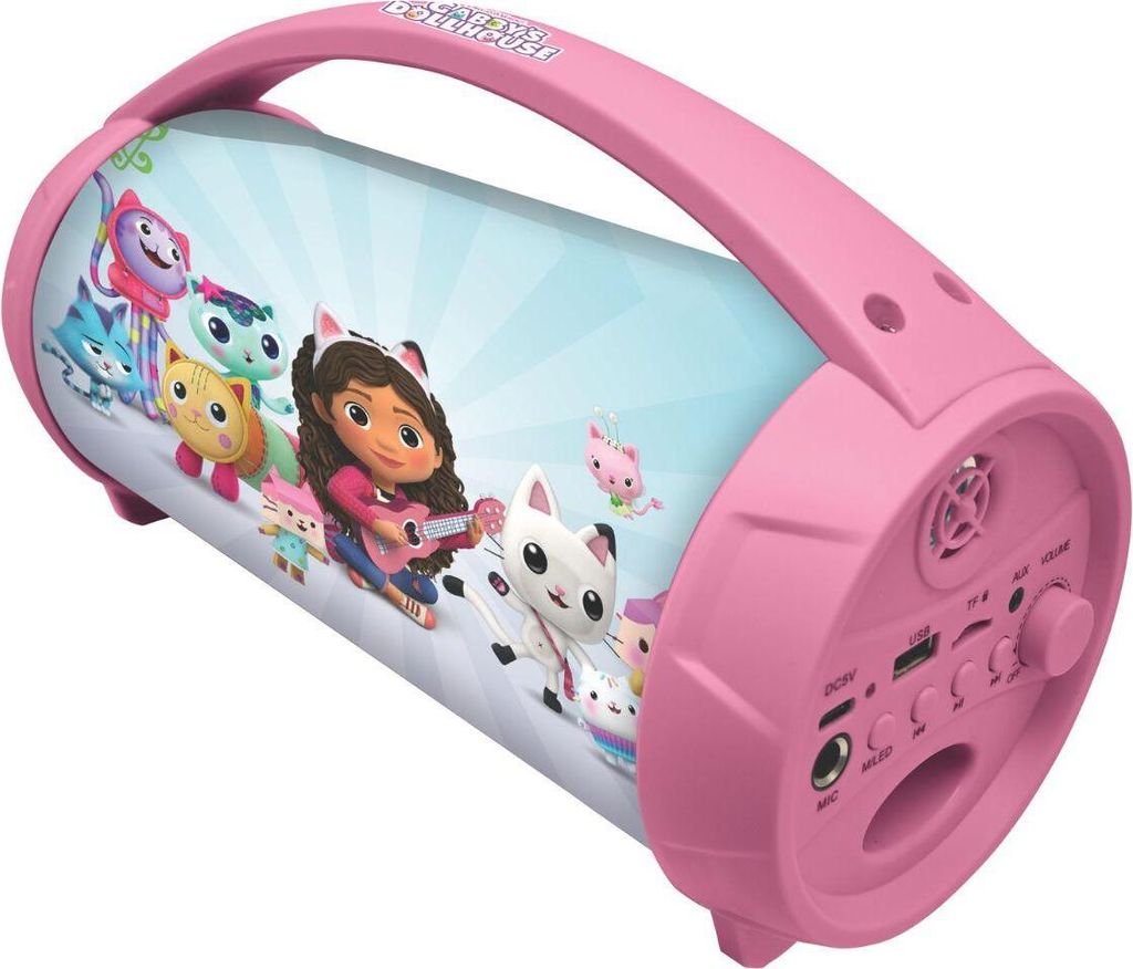 A pink portable Bluetooth speaker with cartoon characters from Gabby's Dollhouse.