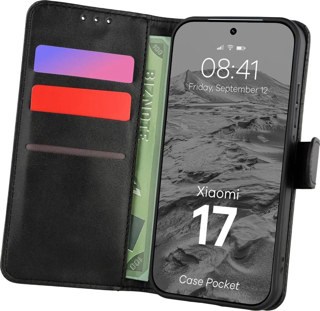 Handyhülle mit Klappe für Xiaomi 17, Bizon Case Pocket, Schwarz