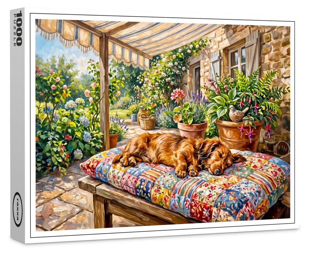 raxxa Premium-Puzzle "Dachshund Resting on Patchwork Garden Bench", 1000 Teile