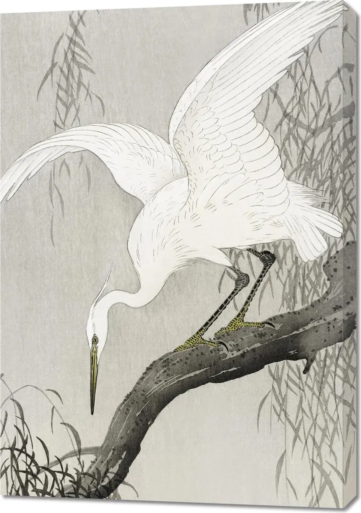 Tableau Salon Vintage 70x100 cm : Héron sur Arbre Style Japonais