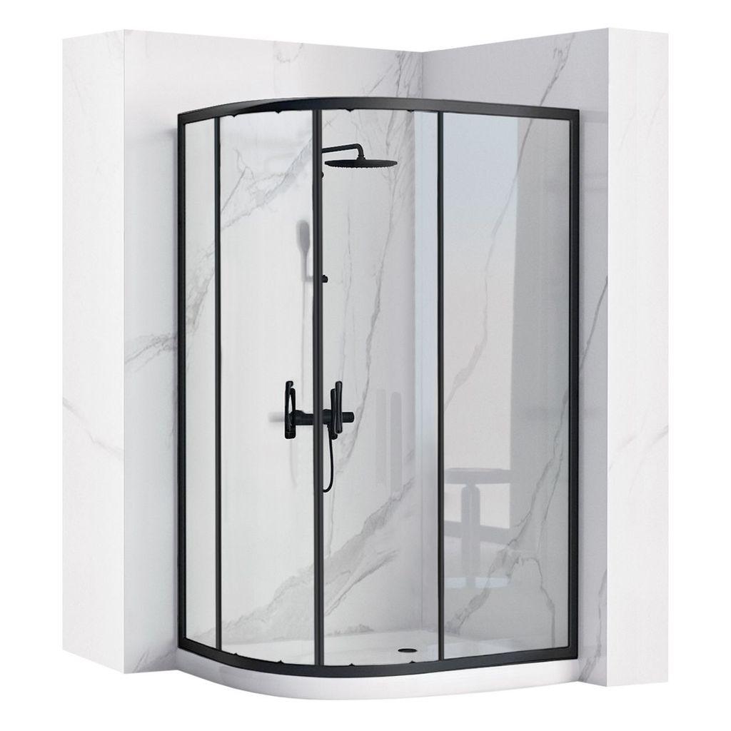 A modern shower cabin with a black frame and clear glass, set against a marble-patterned wall.