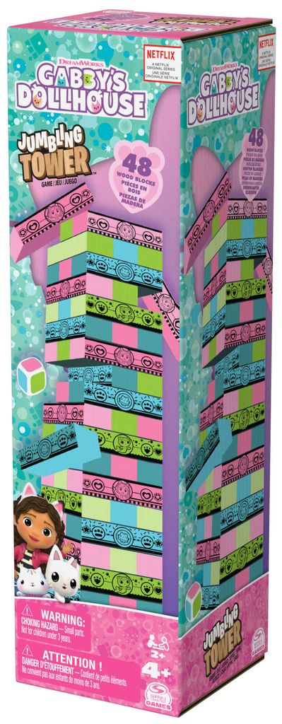 The image shows the retail packaging of a Jumbling Tower game based on Gabby's Dollhouse.