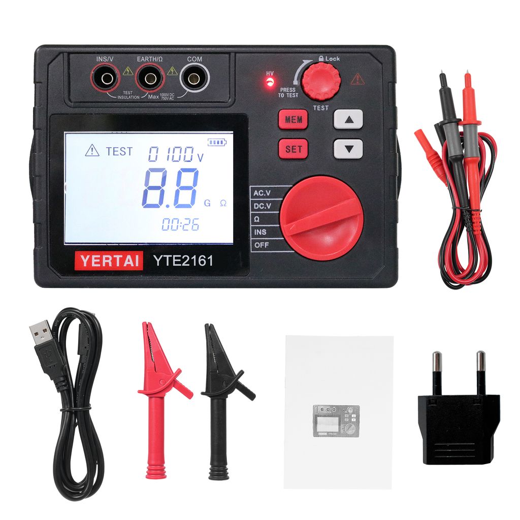 YERTAI Digitaler Isolationswiderstandstester 100 V/200 V/500 V/1000 V Voltmeter 0 bis 10 G Ohm Meter Megohmmeter Erdungswiderstand 100 Saetze Daten...