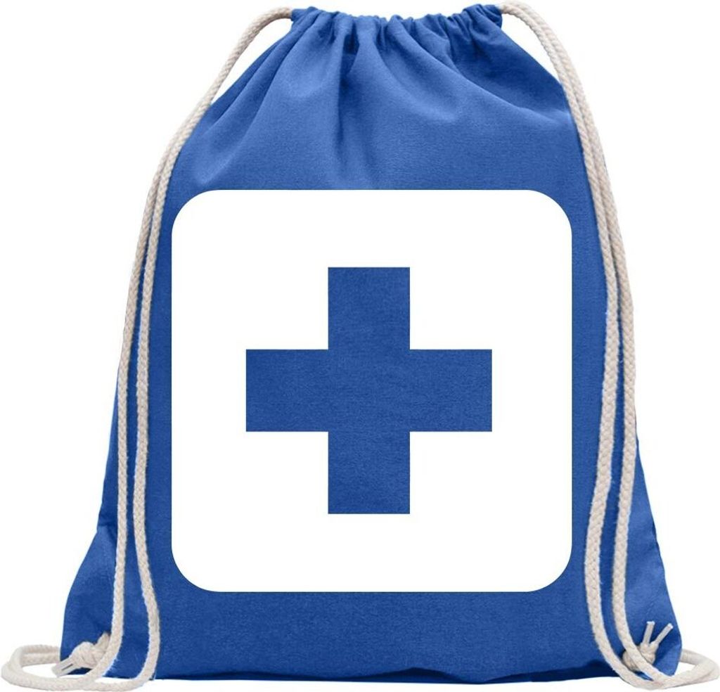 Kiwistar - Turnbeutel - royal - Erste Hilfe Stelle Piktogramme - Fun Rucksack Sport Beutel Gymsack Baumwolle mit Ziehgurt