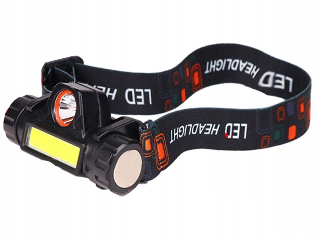 A black LED headlamp with a black strap is shown against a white background.