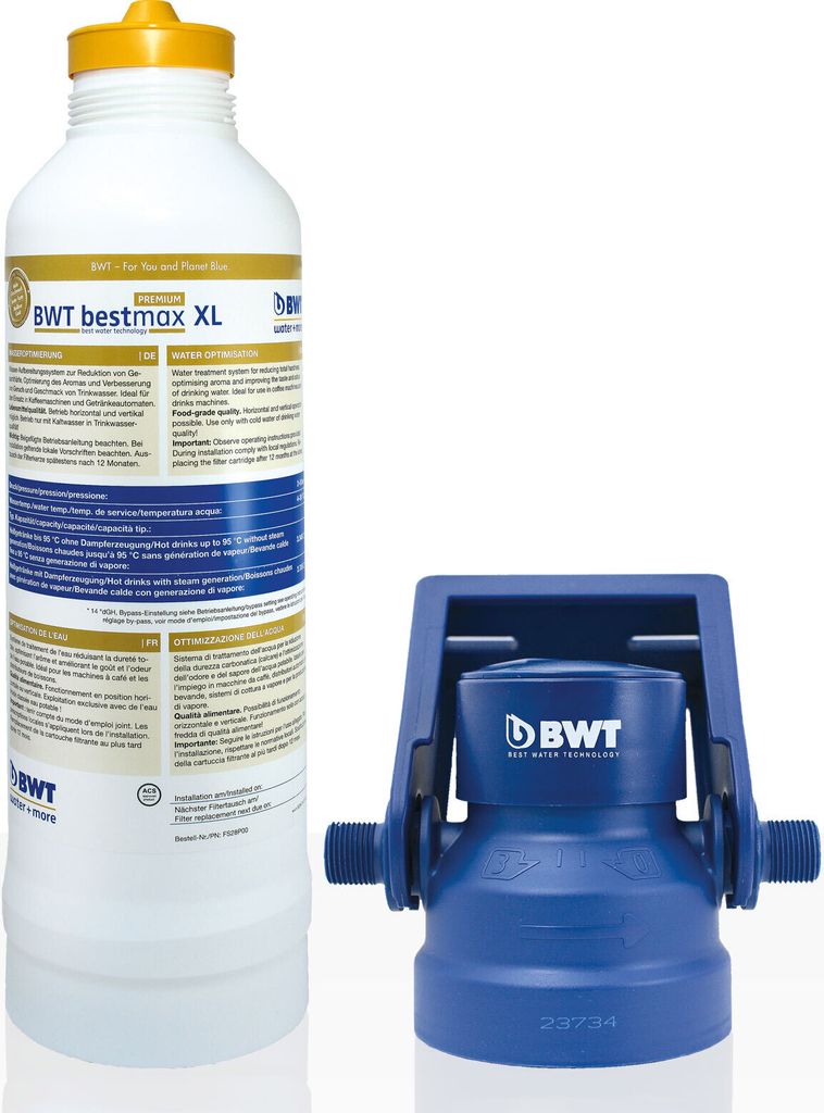 A water filter cartridge and filter head are shown against a white background.