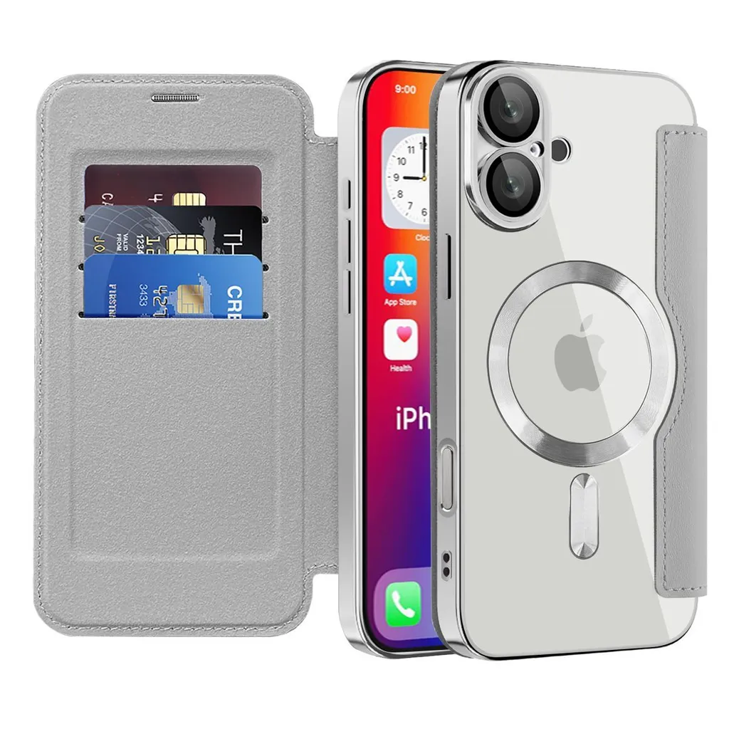 Custodia per iPhone 16 Plus compatibile con MagSafe, custodia trasparente con portacarte, custodia in pelle con protezione della fotocamera Argento