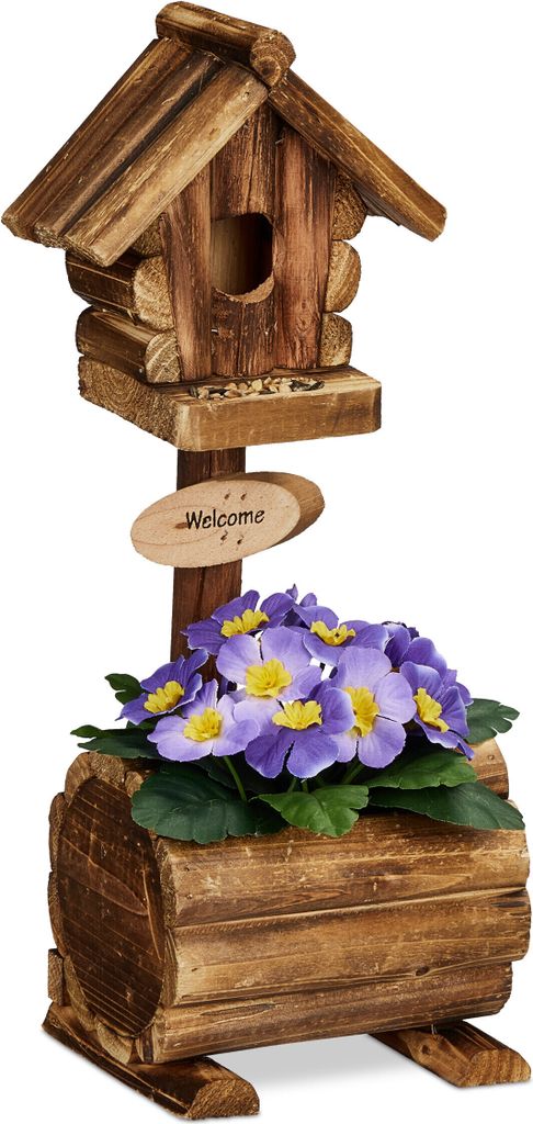 Relaxdays Deko Vogelhaus mit Blumentopf, Tannenholz, Produktbild 