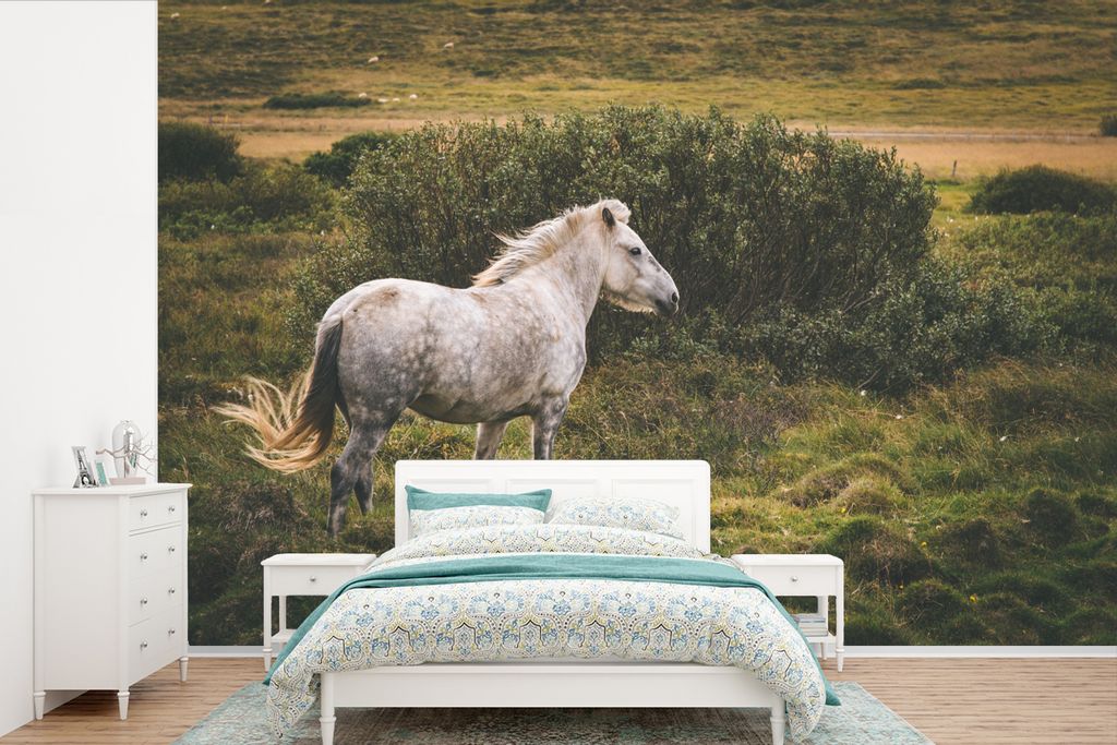 MuchoWow Fototapete für Wohnzimmer oder Schlafzimmer Wandtapete Vinyl Motivtapete Pferd - Weiß - Island - 450x300 cm - Gemusterte