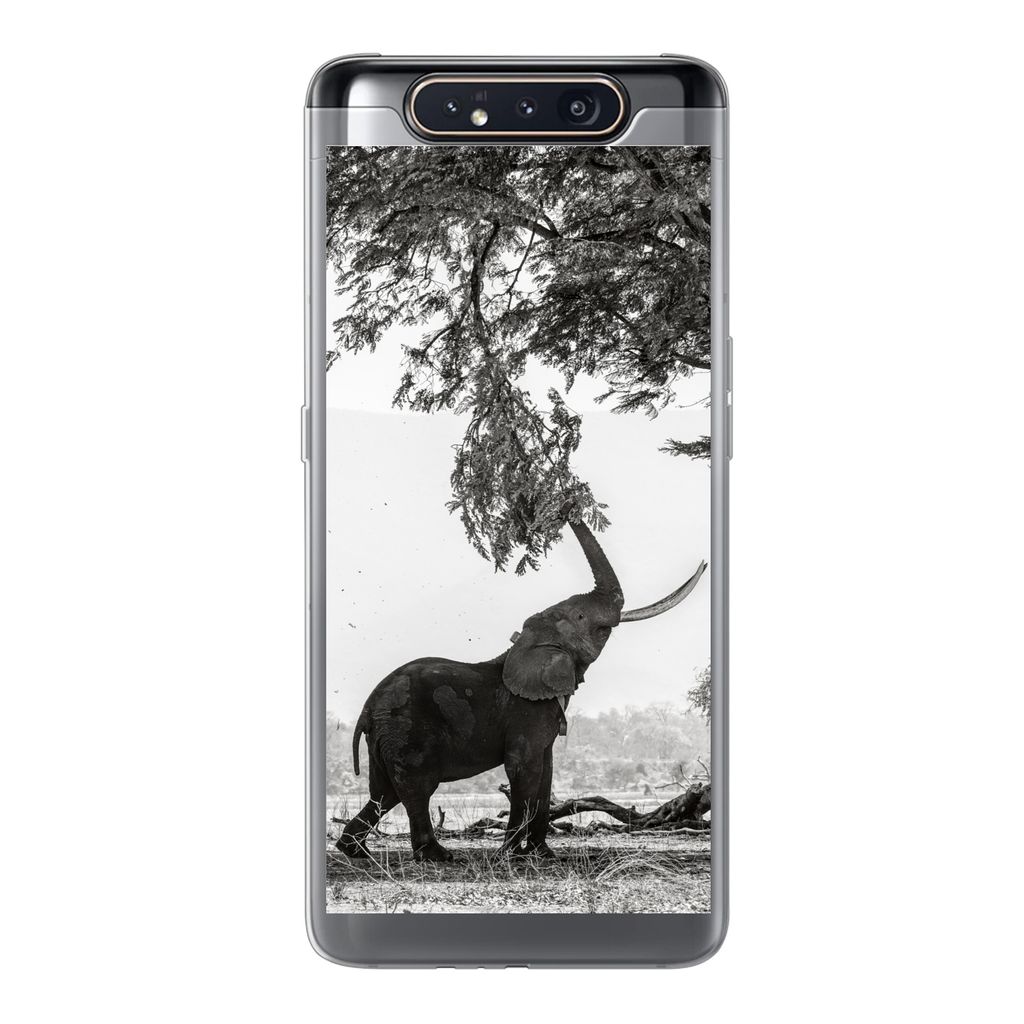 MuchoWow Handyhülle Schutzhülle Hülle für Samsung Galaxy A80 Elefant - Baum - Tiere - Schwarz und weiß Silikon Softcase Handy Hülle - Schut...