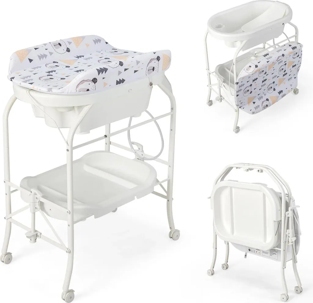 Table à langer pliable 4 en 1 en plastique blanc avec bac de bain