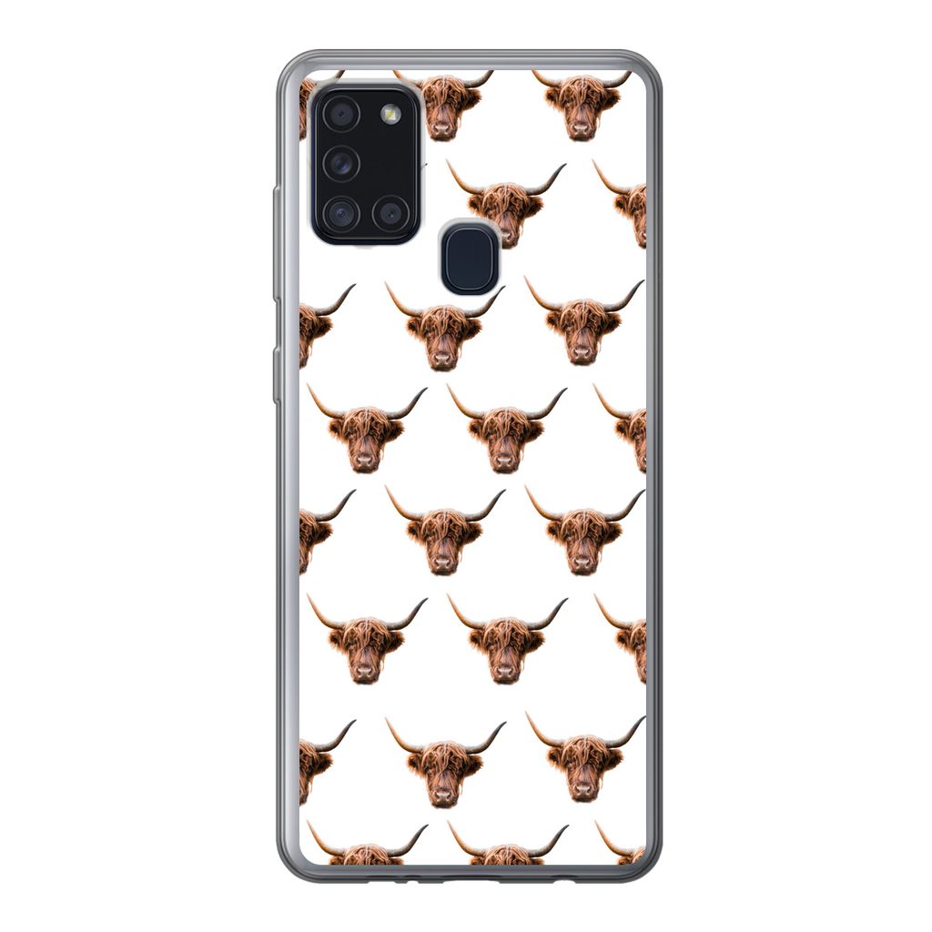 MuchoWow Handyhülle Schutzhülle Hülle für Samsung Galaxy A21s Schottischer Highlander - Kuh - Muster Silikon Softcase Handy Hülle - Hartschale