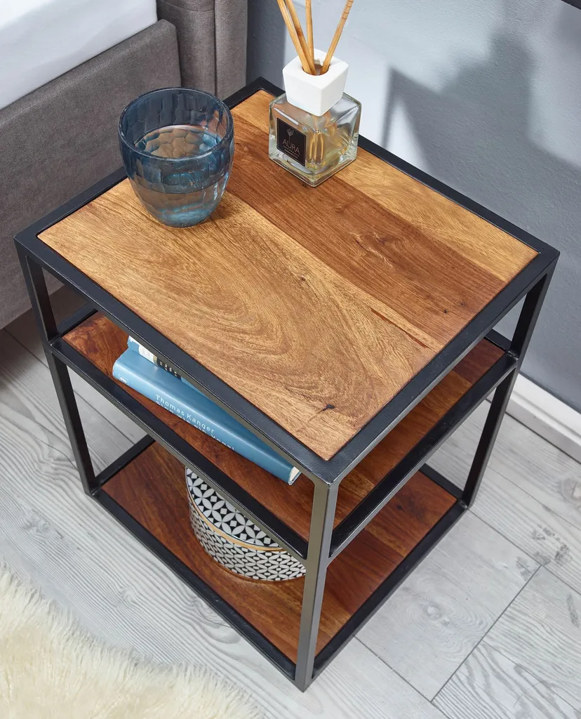 Meuble de chevet design industriel en bois massif pour lit boxspring