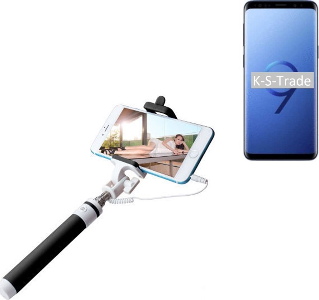 K-S-Trade Selfie Stick kompatibel mit Samsung Galaxy S9+ Selfiestick kabelgebunden Monopod mit Kabel Stab Stange Selfportrait Handheldstick schwarz