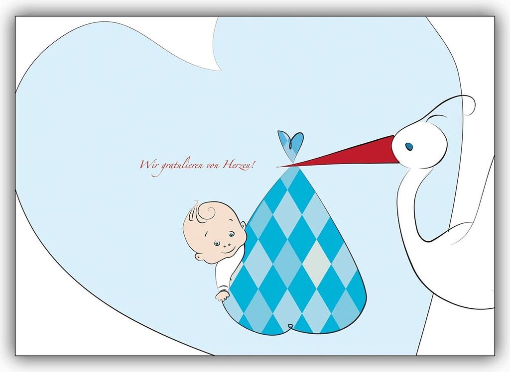 4x Tolle Babykarte mit Baby Boy, Herz und Storch: Wir gratulieren