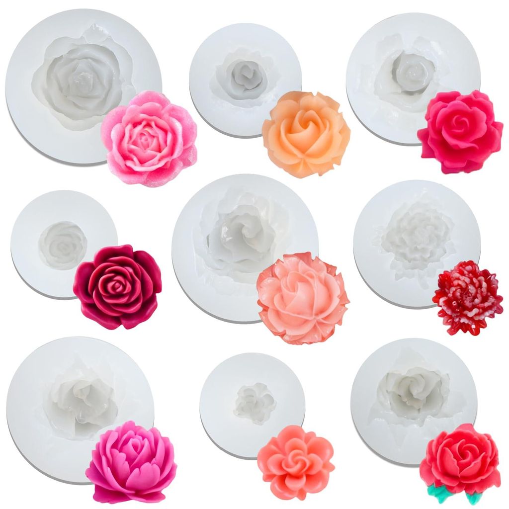 9-teiliges Silikon-Blumenform-Set, 3D-Rosenblüten-Gussformen, Kerzenformen, Formen zur Herstellung von DIY-Kerzen, Seife, Gips- und Harzarbeiten