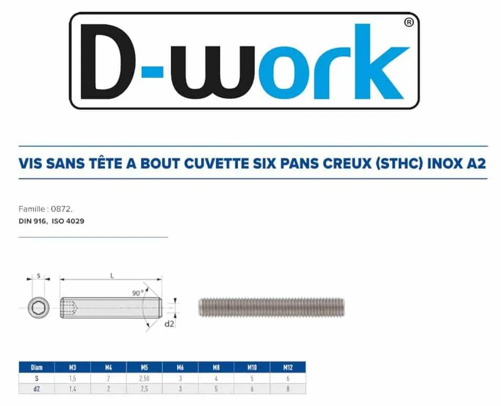 200 Vis Sans Tête 6 Pans Creux M10x16 mm STHC DIN 916 Inox A2 D-Work