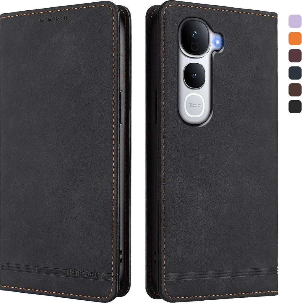 Hülle für Vivo Y400 Pro, Retro Kunstleder Ständer Klapphülle mit Kartenfächer und Magnetische Schwarz