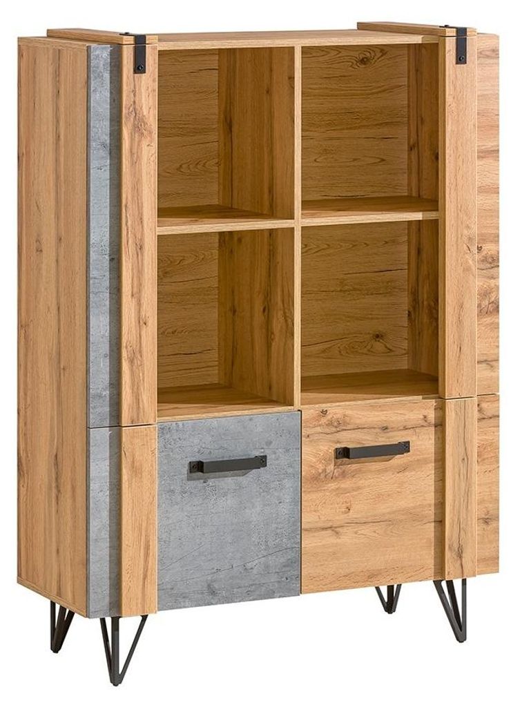 Masseno Vitrinenschrank BRANDO 137 x 90,1 cm Modern Wohnzimmer Vitrine mit Tür Eiche Wotan / Taupe