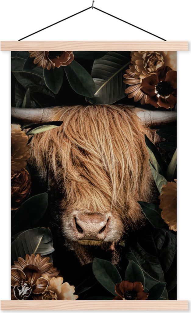 MuchoWow Textilposter Scottish Hochlandrind - Pflanzen - Blumen 60x90 cm mit holzfarbenen Rahmen - Textil