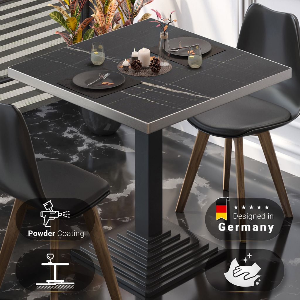 BPY | Bistro Tisch | 60 x 60 x 78,5 cm | Quadratisch | Edelstahl Rand | Schwarz Marmor / Schwarz | Bistrotisch Gastro Tisch