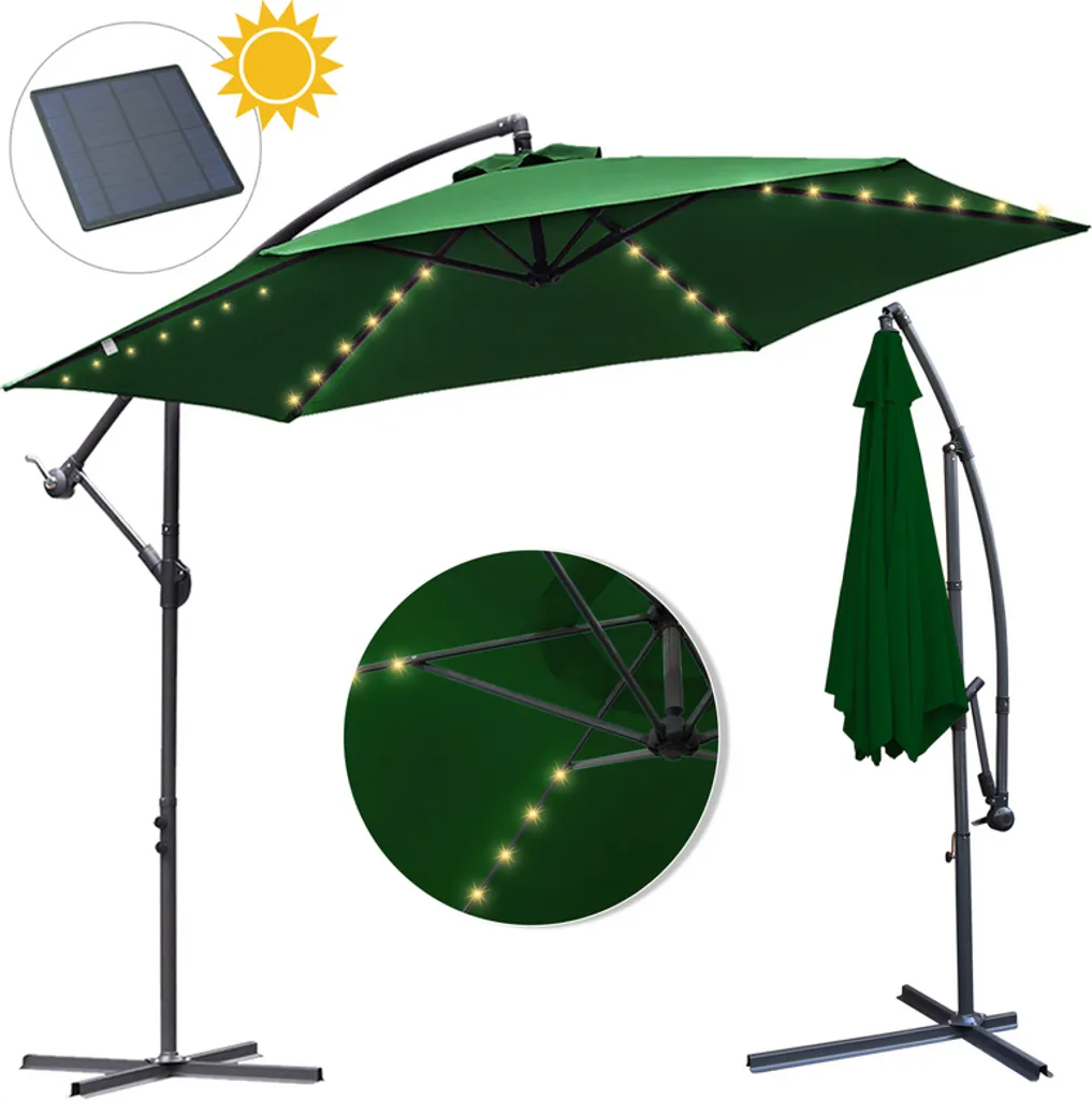 Wolketon 3m-3.5m Ombrellone con LED Solare Inclinabile Ombrellone da Balcone Ombrellone da Mercato UV40+ Ombrellone da Giardino, Verde, 3.5m